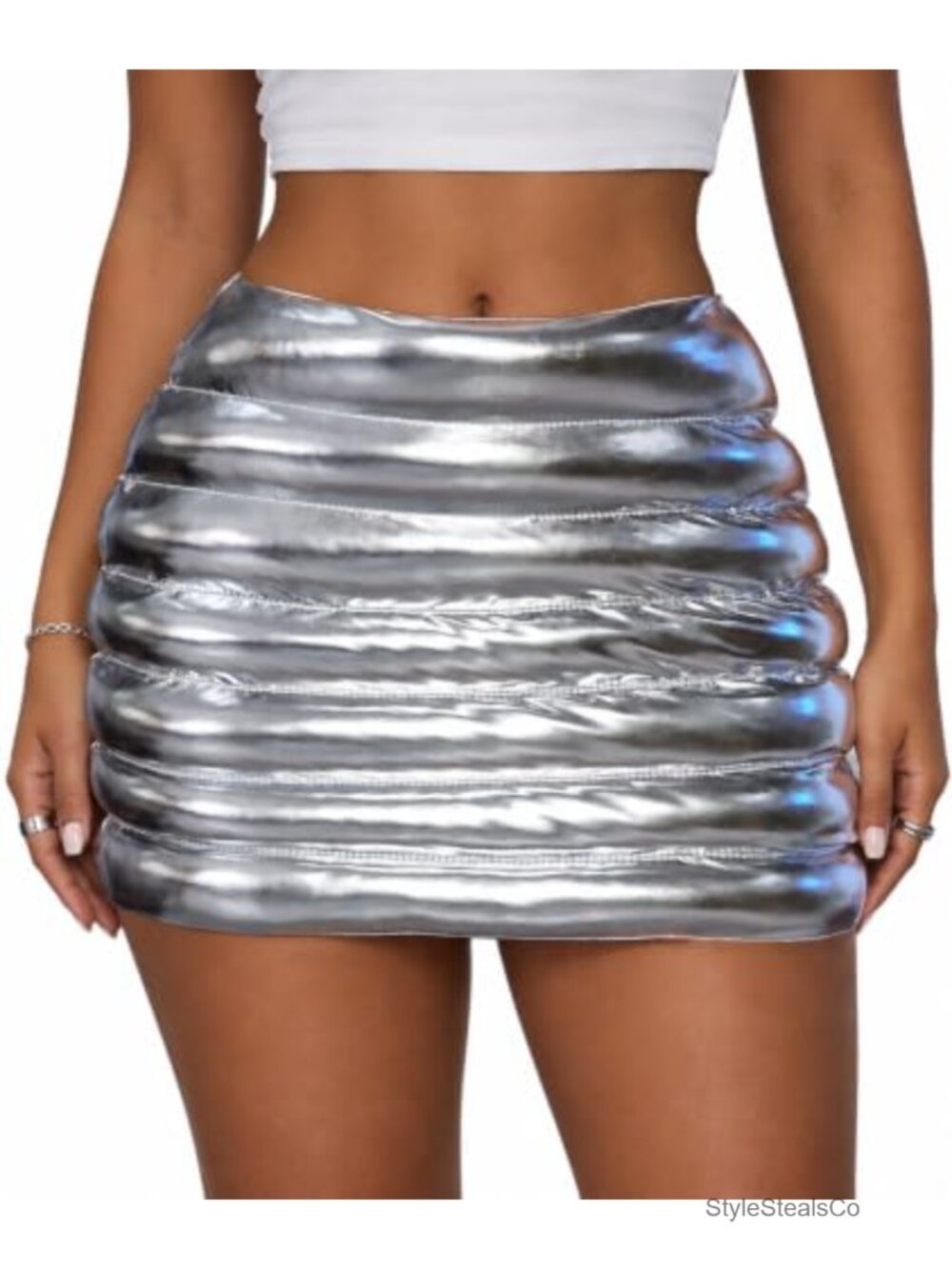 Metallic Puffer Mini Skirt High Rise Bodycon Party Clubwear